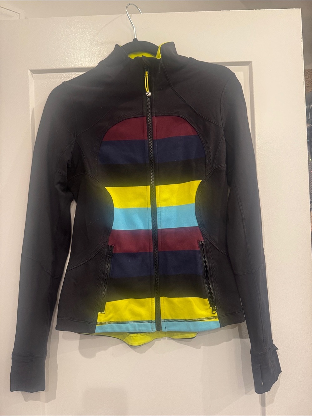 Lulu Lemon Women's Black Jacket with Yellow & Multicolor Stripe Front